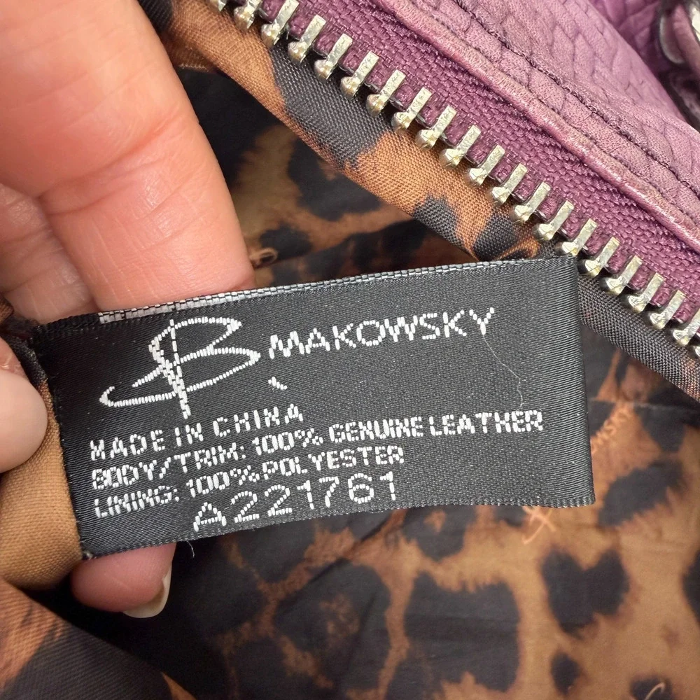B MAKOWSKY Leather Mulberry Purple Woven Satchel Purse Handbag Y2K Double Handle